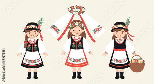 Traditional folk costumes with floral embroidery and festive accessories