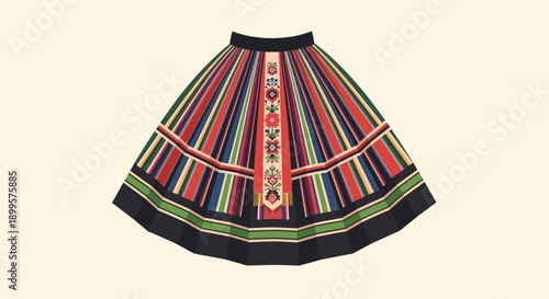 Colorful traditional skirt with floral patterns and stripes on light background