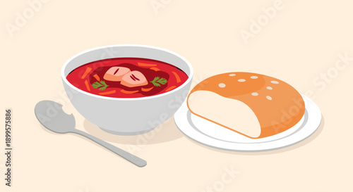 Flat design beet soup and bread: minimalist food art for culinary lovers