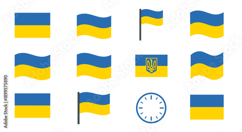 Various styles of ukrainian flags and clock icon on white background