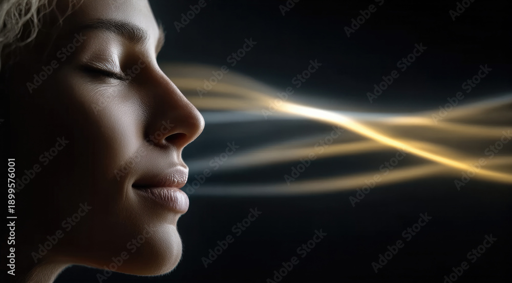 Obraz premium Peaceful woman face closed eyes soft light waves serene expression dark background side view calm beauty tranquility