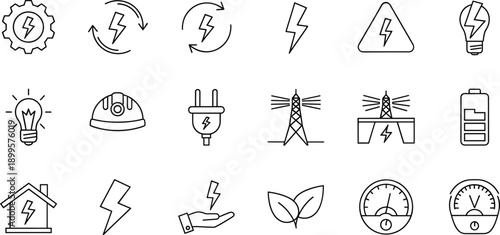 Energy and electricity icons featuring lightning bolts battery solar power house and power lines for green industry