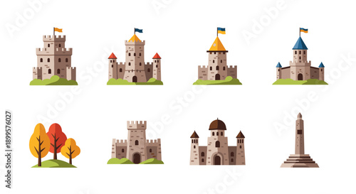 Medieval castles and landmarks set with autumn trees
