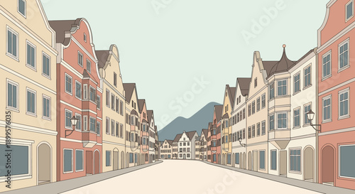 Charming european street with classic architecture in flat style