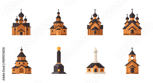Traditional wooden church architecture icons collection set on white background