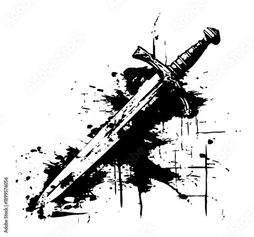 Black medieval sword silhouette featuring artistic ink splashes