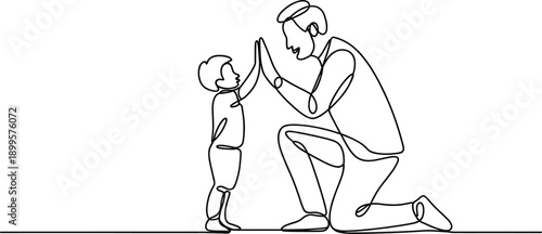 Minimalist single line art of father and child high fiving