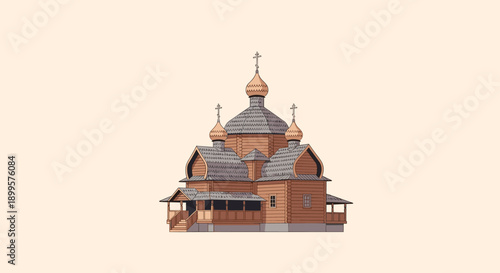 Historic wooden church with onion domes on light background