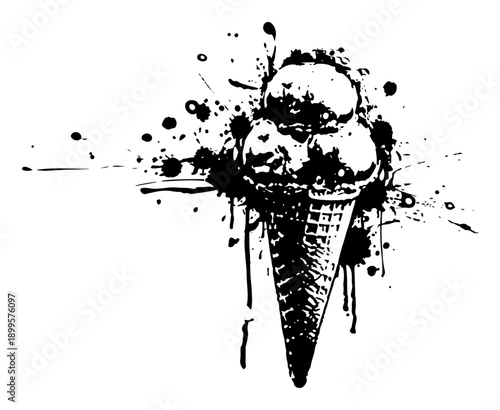Artistic black and white ice cream cone with messy ink splatters