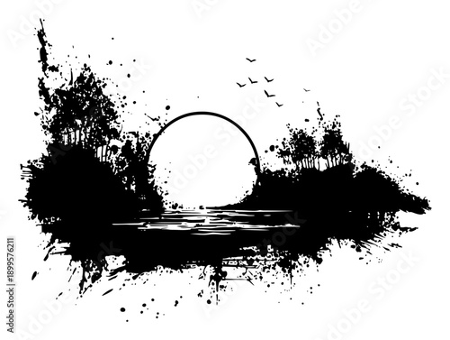 Abstract nature landscape with sun and forest in black ink splatter art style