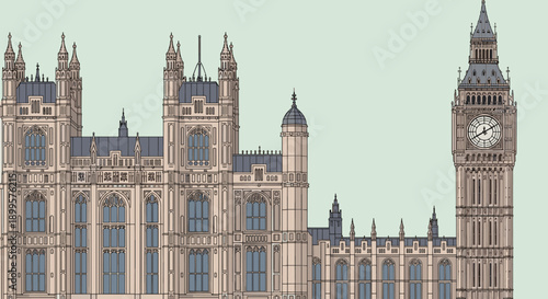Detailed architectural drawing of iconic british landmark with clock tower