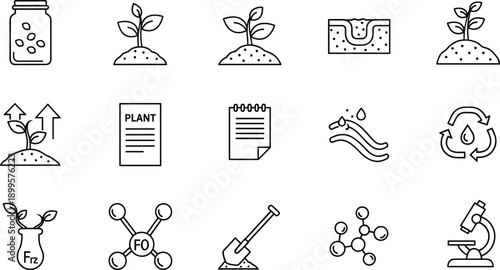 Agriculture and plant science icons including seeds sprouts soil laboratory tools and microscope for botany research