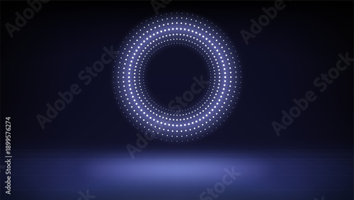 Futuristic technology stage, dim blue background. Round dotted led, neon glow. Abstract background for displaying products, presentation, advertising. Tech blue backdrop. Showcase. Vector
