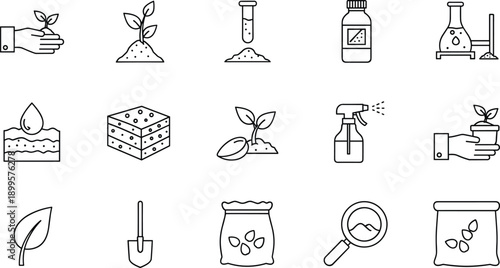 Planting and soil research vector line icons set featuring laboratory equipment fertilizer bags and garden tools kit