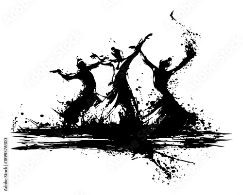 Three dancing figures silhouette in energetic grunge ink splatter style