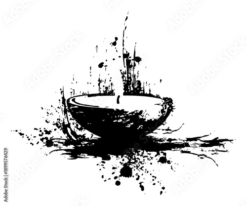Empty ceramic bowl sketch with artistic black ink splatter effects
