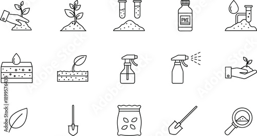 Agriculture and soil testing linear icons set including shovel seed bag spray bottle and plant growth stages icons