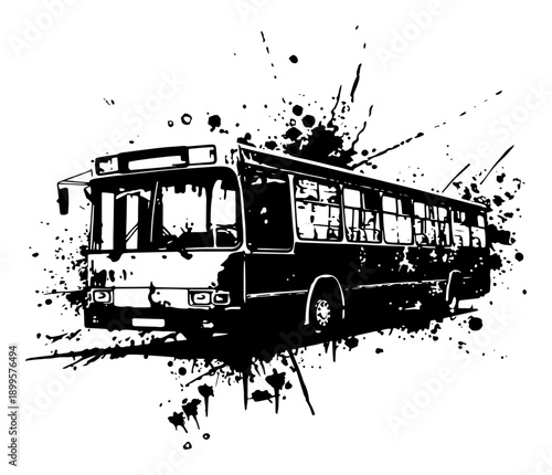Public transport city bus vehicle in black grunge ink style