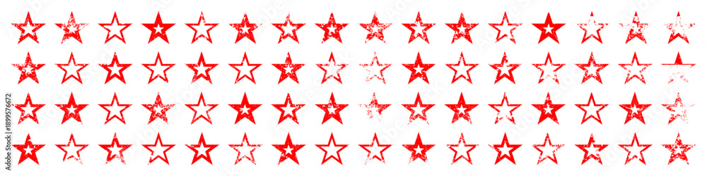 Fototapeta premium Red vintage stars with cracks and stains. Old hand-drawn sign, black simple shape. Retro design element with distressed effect, grunge texture. Vector illustration