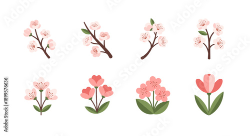 Elegant collection of blossoming spring floral designs in flat style