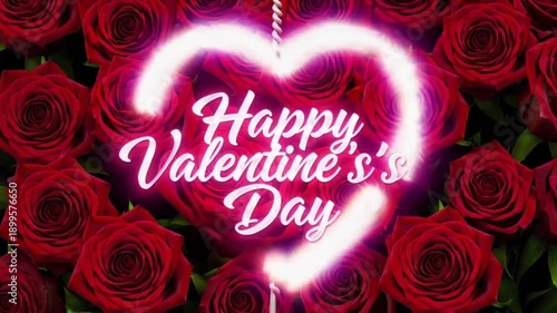 Animation of happy valentine's day text with neon heart balloon over roses
