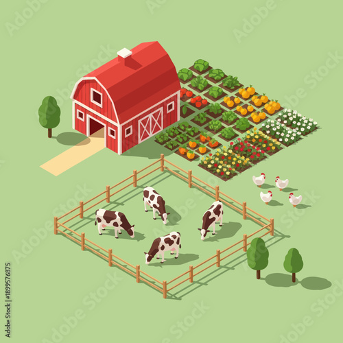 Farm Scene with Barn and Cows Grazing.