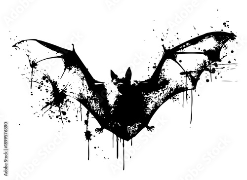 Vászonkép Flying bat silhouette in expressive black ink splatter and drip style