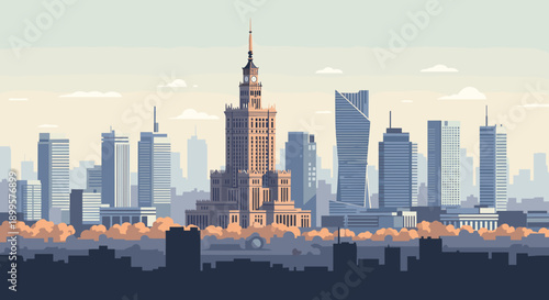 City skyline with historical building and modern skyscrapers in flat design