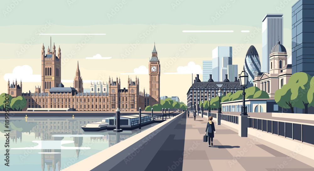 Obraz premium Historic london skyline: big ben and river thames in modern flat design