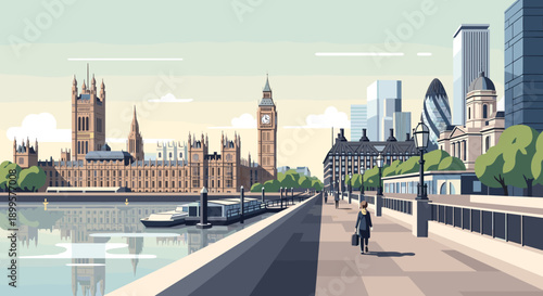 Historic london skyline: big ben and river thames in modern flat design