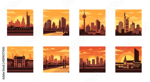 Silhouette cityscapes at sunset with iconic skylines and bridges