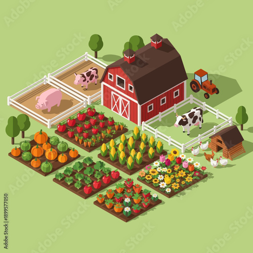 Isometric Farm Scene with Barn and Crops.