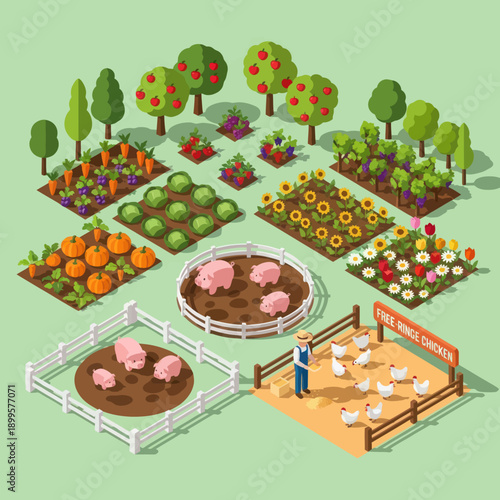 Farm with Vegetables Fruits and Animals.