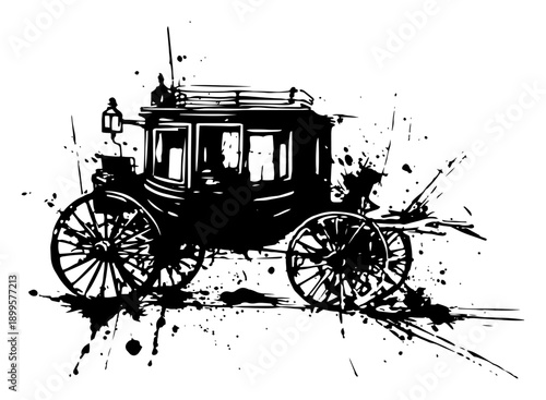 Artistic vintage horse drawn carriage silhouette with creative black ink splatter