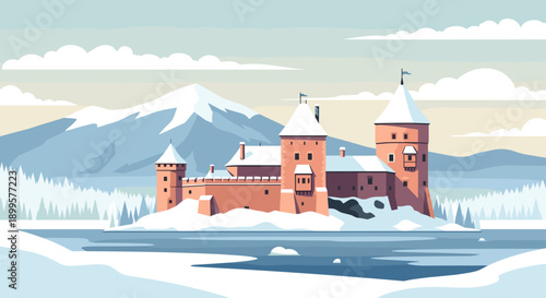 Snow-covered castle with mountain background in flat winter landscape