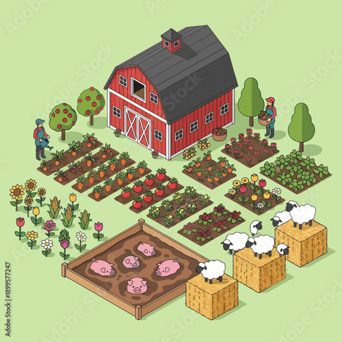 Isometric Farm Scene with Barn and Livestock.