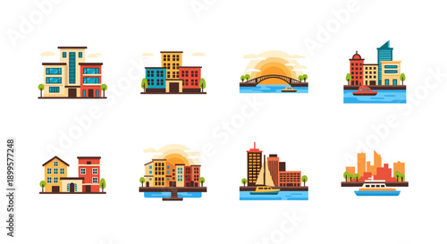 Urban cityscape icons collection: diverse architecture and scenic skylines