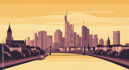 Sunset city skyline with bridge and river in flat design