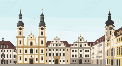 Baroque architecture in historic european square with church and facades