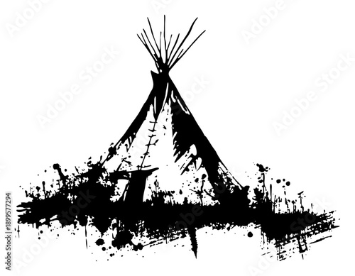 Traditional native american tipi silhouette with creative black ink splatter