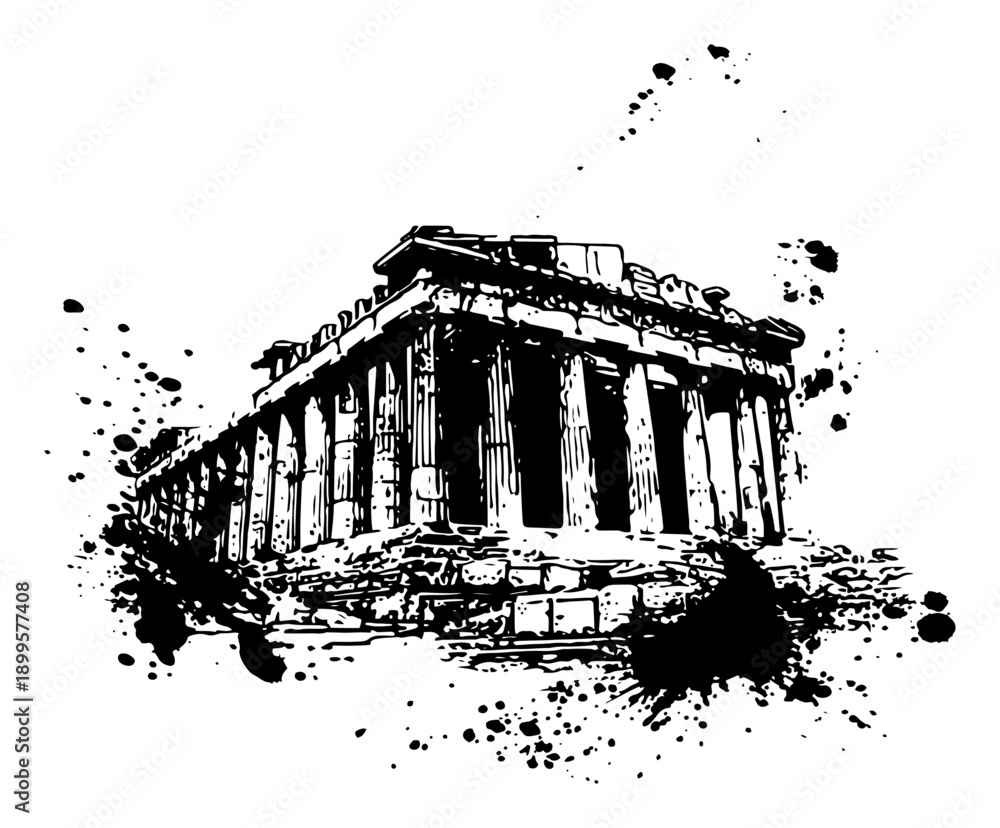 Fototapeta premium Ancient Greek temple ruins in expressive black ink splatter and grunge art style