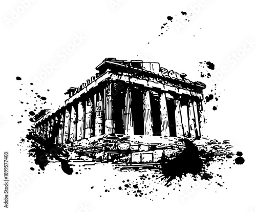 Ancient Greek temple ruins in expressive black ink splatter and grunge art style