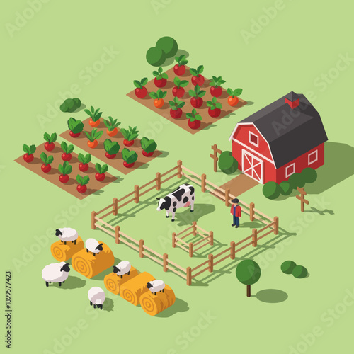 Farm Scene with Barn and Livestock.