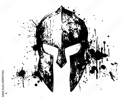Spartan warrior helmet silhouette with creative black paint splatters and ink drips