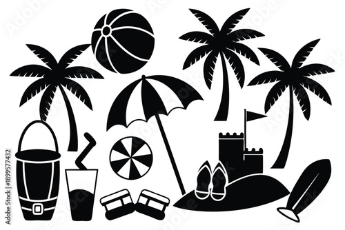 set of summer holiday beach elements silhouette line art vector illustration
