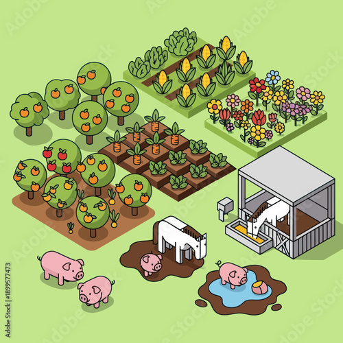 Farm Animals and Plants in Cartoon Style.