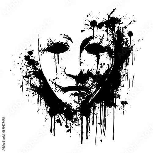 Artistic black and white tragedy theater mask with creative ink splatter effect