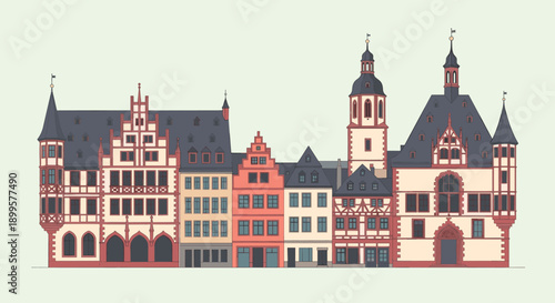 Charming european historic buildings skyline in flat design style