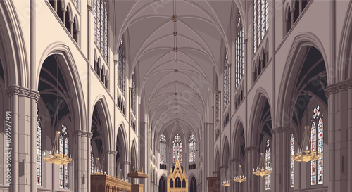 Grand gothic cathedral interior with stained glass windows and vaulted ceiling