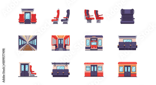 Colorful urban train interiors and exteriors in a modern icon set